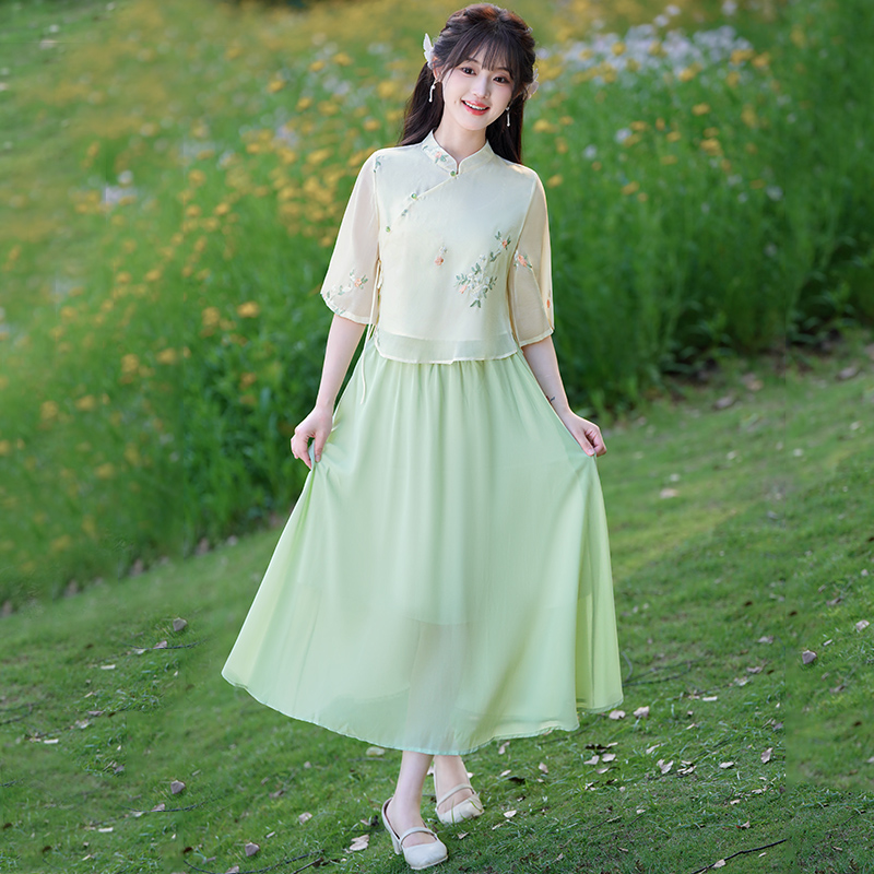 民国风女装小个子汉服套装女夏中式禅意茶服改良旗袍两件套连衣裙
